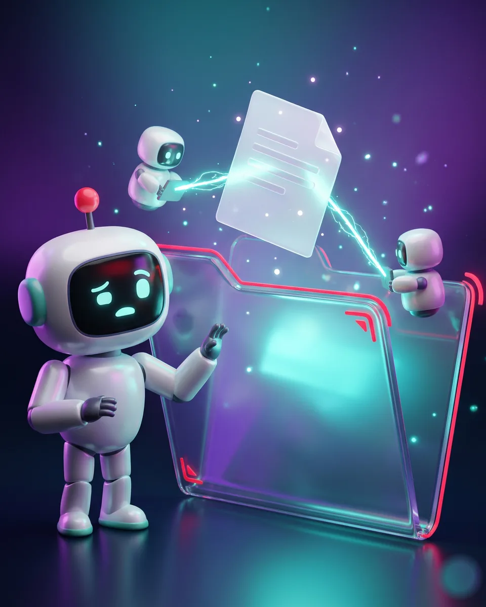 Robot linh vật đứng cạnh thư mục Downloads phát sáng, tờ ghi chú nối tia sáng tới hai robot trợ lý nhỏ