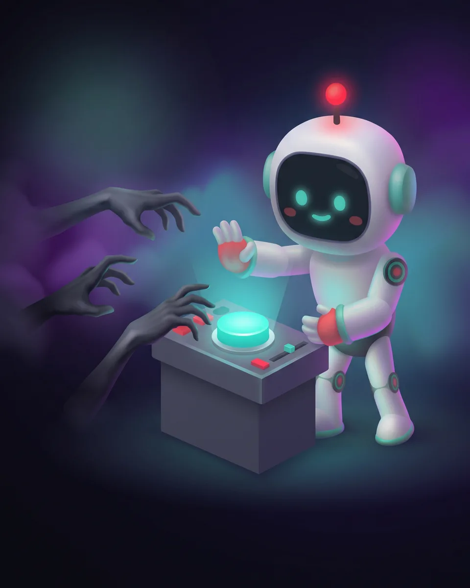 Linh vật robot giơ tay chắn trước nút tròn lớn trên bảng điều khiển, những bàn tay lạ từ bóng tối vươn tới