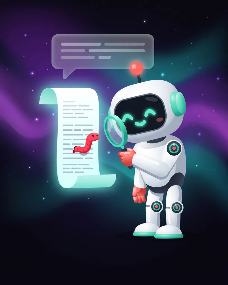 Linh vật robot cầm kính lúp soi cuộn giấy tin nhắn thả xuống từ bong bóng chat, giữa các dòng chữ có một con sâu nhỏ màu đỏ