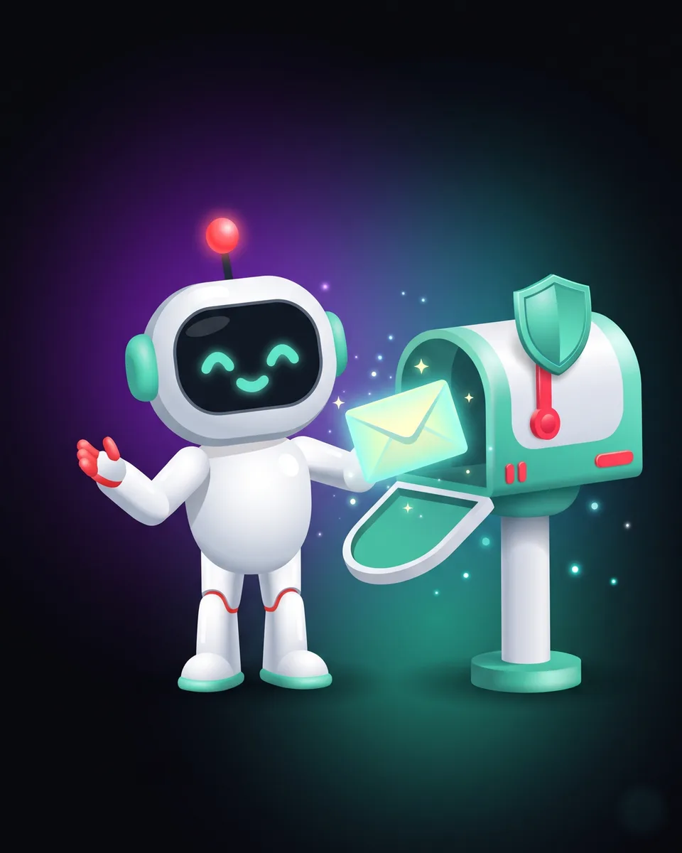 Robot linh vật bên hòm thư có khiên nhỏ, lá thư phát sáng đang được bỏ vào