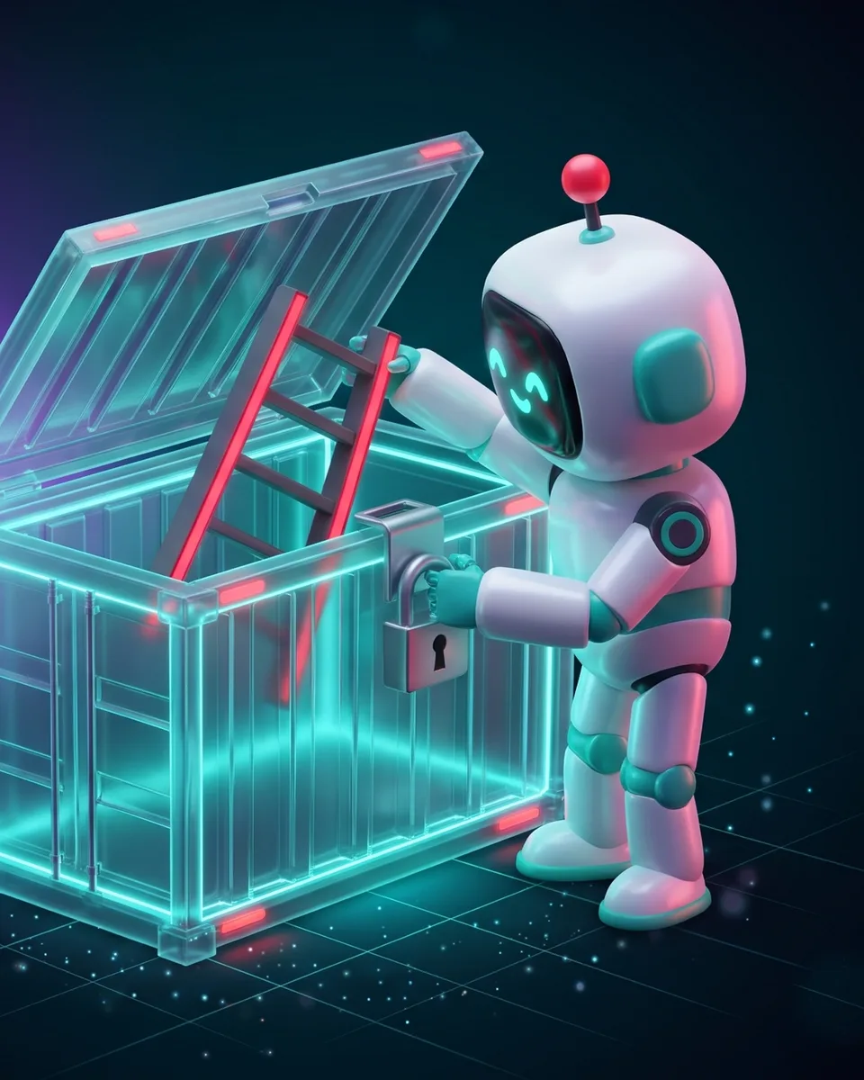 Thùng container trong suốt phát sáng, bên trong dựng một chiếc thang viền đỏ chạm tới nắp, linh vật robot đứng cạnh nhấc thang ra và khóa nắp thùng lại