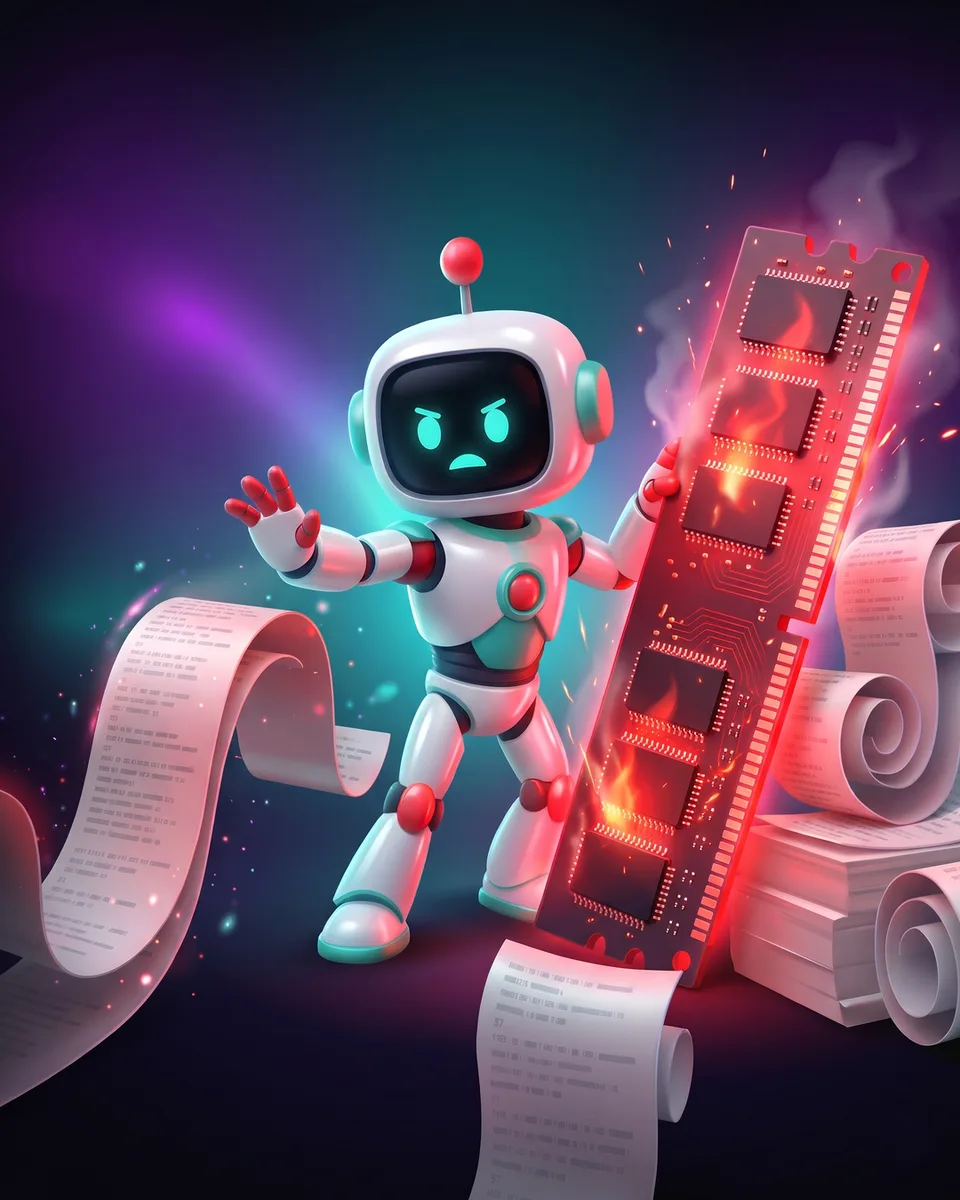 Robot linh vật đưa tay chặn thanh bộ nhớ khổng lồ đang nóng đỏ, cuộn giấy dữ liệu chảy vào