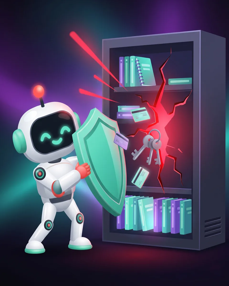 Linh vật robot giơ khiên chắn trước tủ máy chủ bị nứt, chùm chìa khóa và thẻ bí mật rơi ra từ vết nứt
