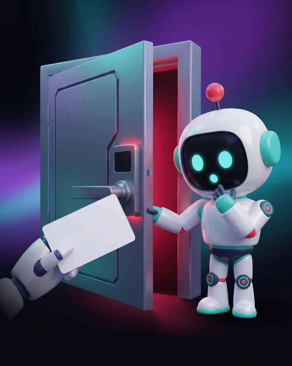 Robot linh vật nhìn cánh cửa tự mở khi đưa vào tấm thẻ trắng trơn