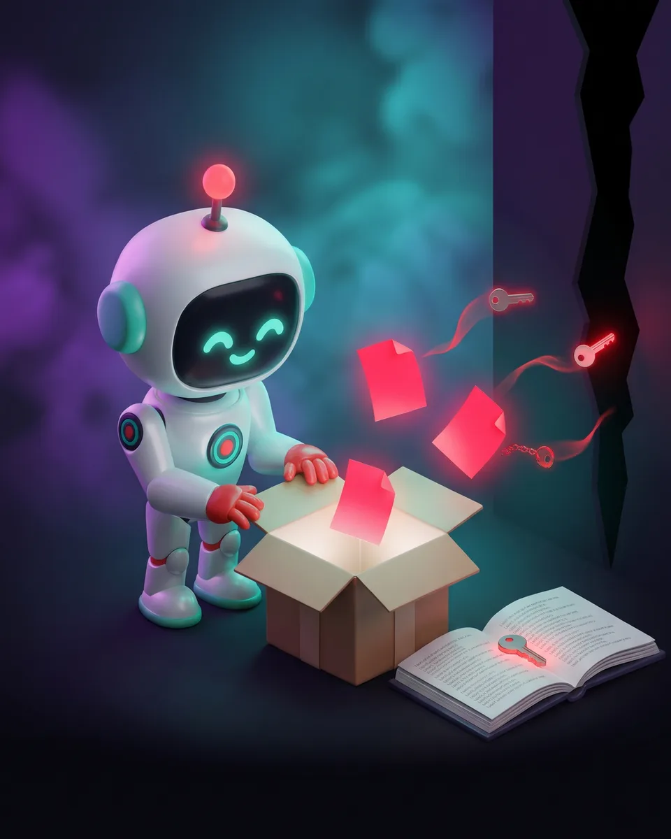 Linh vật robot mở hộp gói hàng, ba mảnh giấy đỏ bay ra kéo theo chìa khóa về phía khe nứt trên tường, cạnh đó là cuốn sổ kẹp chìa khóa