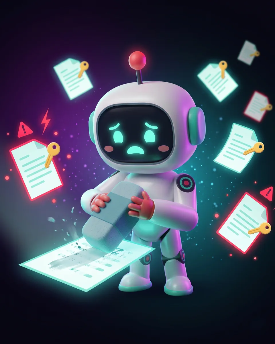Linh vật robot cầm cục tẩy xóa một tờ giấy, nhưng phía sau là hàng loạt bản sao của tờ giấy đó bay ra, mỗi bản kẹp một chiếc chìa khóa