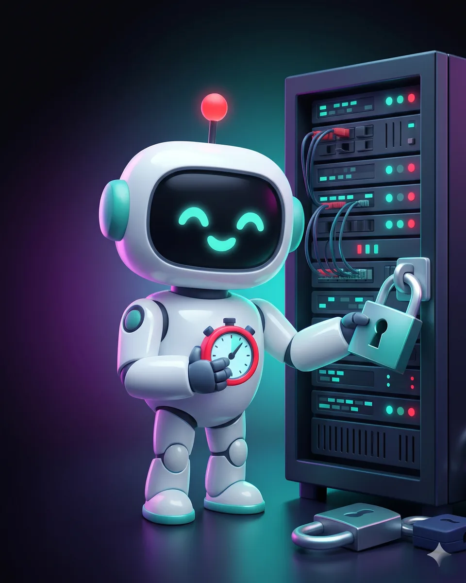 Robot linh vật cầm đồng hồ bấm giờ, siết ổ khóa lên tủ máy chủ