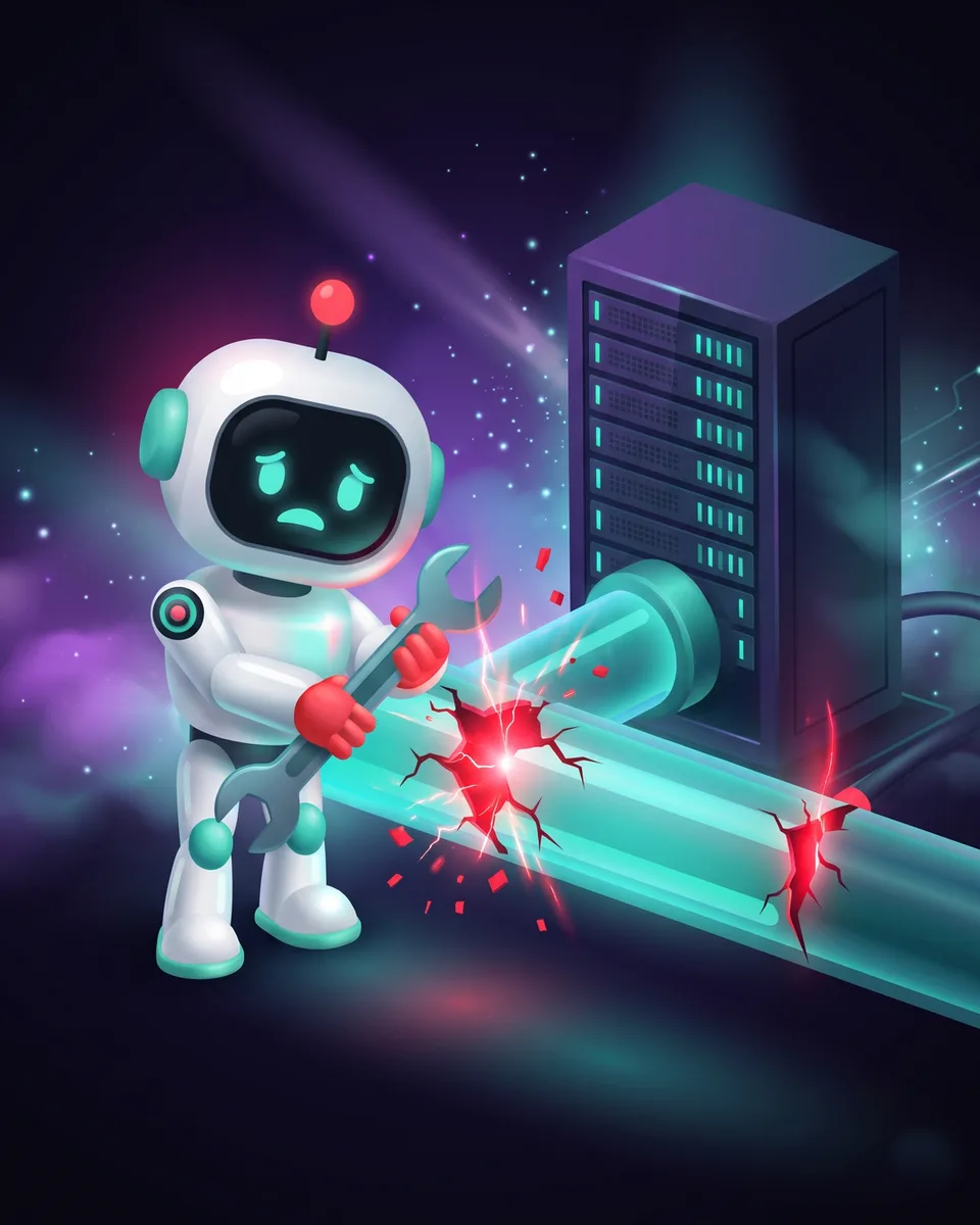 Robot linh vật cầm cờ lê vá khe nứt trên thanh tiến trình tải lên nối vào tủ máy chủ