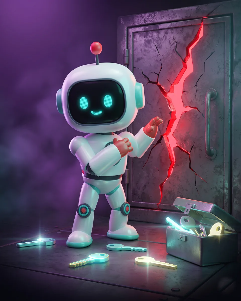 Robot linh vat dung canh canh cua kho nut, chia khoa phat sang roi vai quanh chan