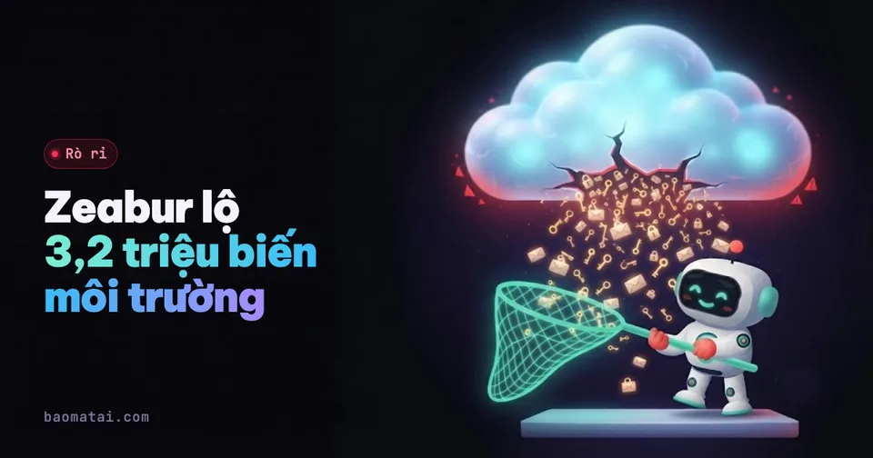 Mô phỏng: token quản trị lưu dạng chữ thường trong repo cấu hình, hacker dùng nó đọc toàn bộ biến môi trường trên cụm máy chủ dùng chung